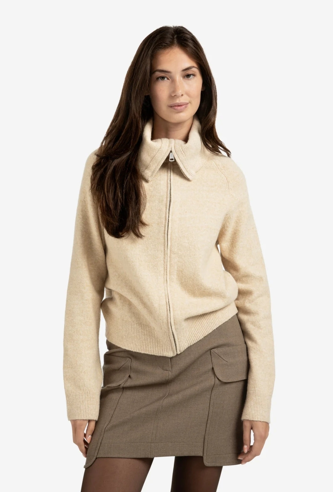 Zip-Up Cardigan with Wide Collar